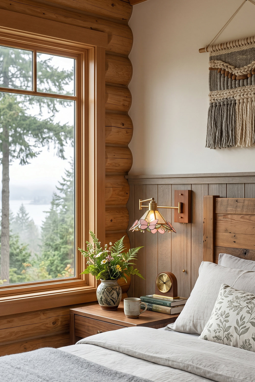 Iris Butterfly Stained Glass Wall Lamp | Stained Glass, Metal, Wood | Wall-mounted near a rustic wooden window frame in a cozy log cabin bedroom, creating a warm ambiance over a matching nightstand | Samu Lamp