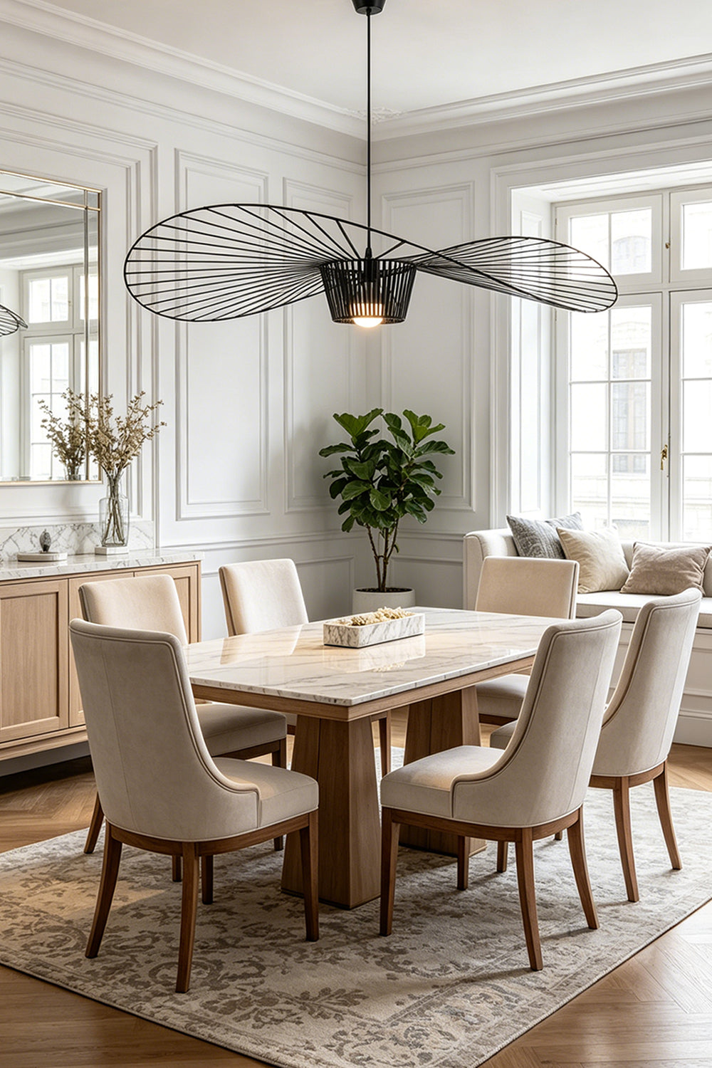 Airy black hat-shaped pendant light | Metal | Polyurethane elastic cloth | Glass fiber | Hanging over a wooden dining table in a bright interior | Samu Lamp