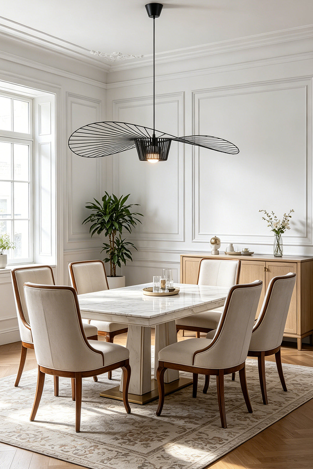 Elegant wide-brim hat pendant lamp | Metal | Polyurethane elastic cloth | Glass fiber | Centered in a traditional dining room with beige chairs | Samu Lamp