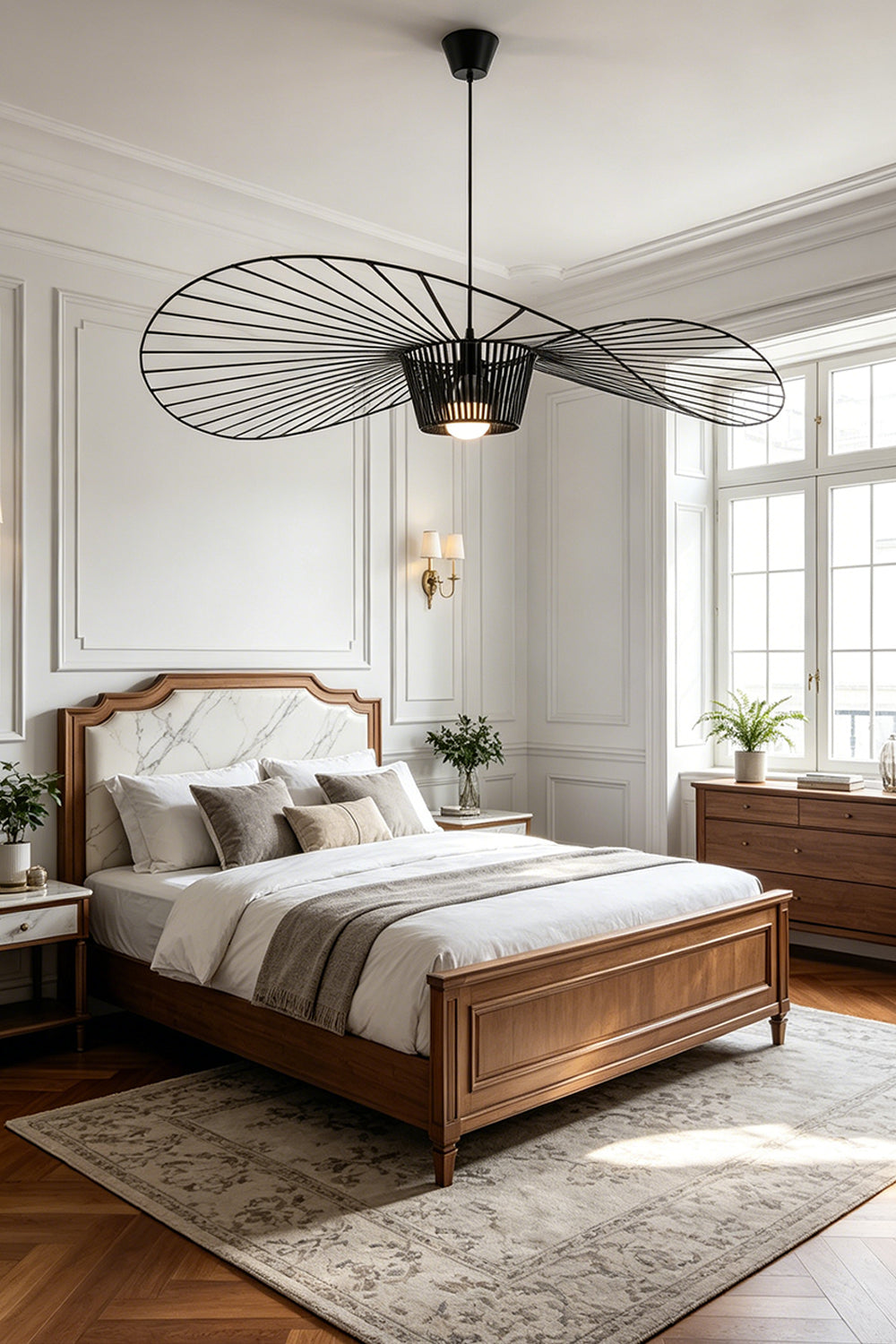 Minimalist black hat ceiling light | Metal | Polyurethane elastic cloth | Glass fiber | Installed in a cozy bedroom above a classic bed | Samu Lamp