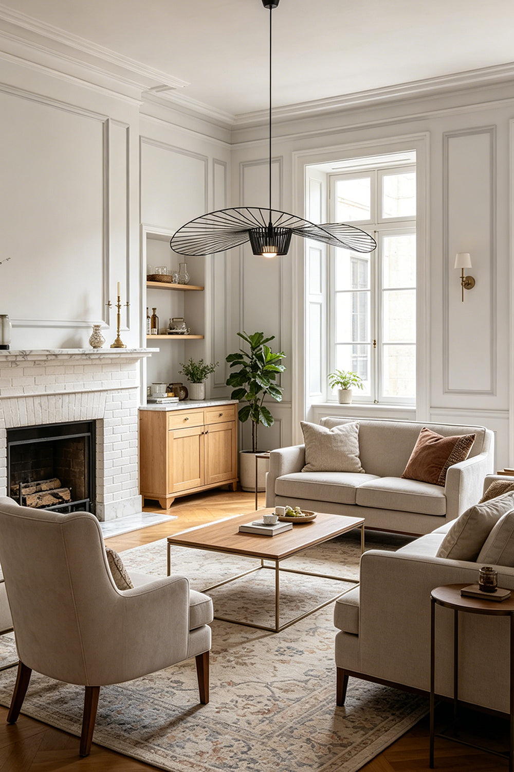 Modern design hat pendant lamp | Metal | Polyurethane elastic cloth | Glass fiber | Hanging in a classic living room with fireplace and sofa | Samu Lamp