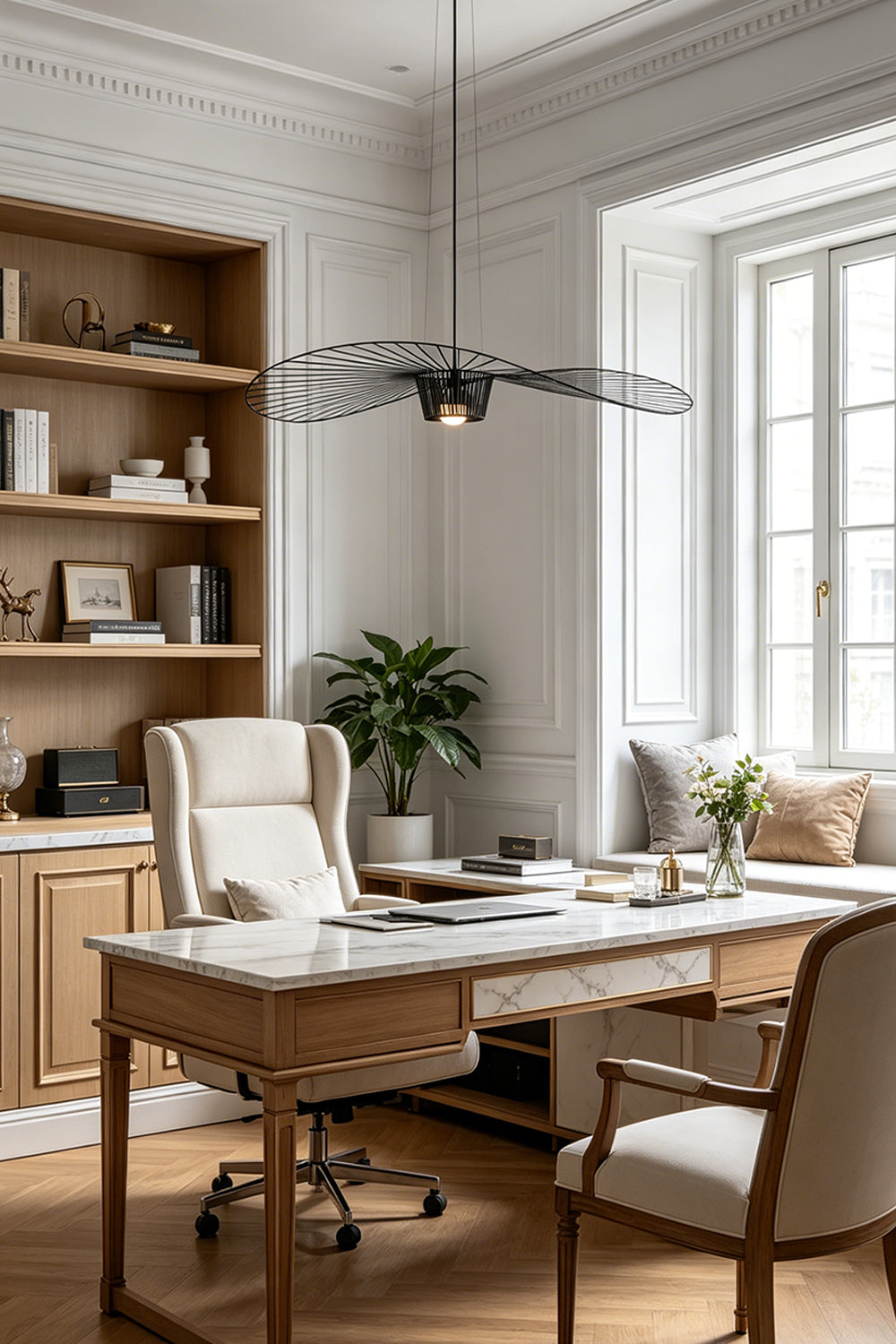 Artistic black wide-brim pendant light | Metal | Polyurethane elastic cloth | Glass fiber | Installed in a home office above a white desk | Samu Lamp