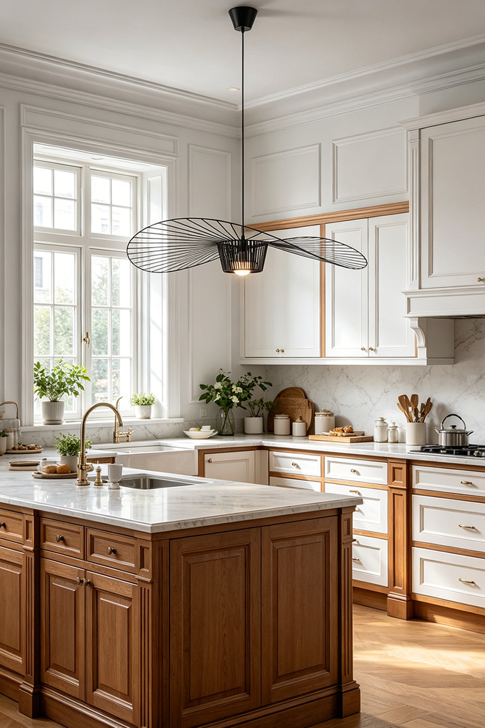 Stylish hat-shaped pendant lighting | Metal | Polyurethane elastic cloth | Glass fiber | Hanging above a wooden kitchen island counter | Samu Lamp
