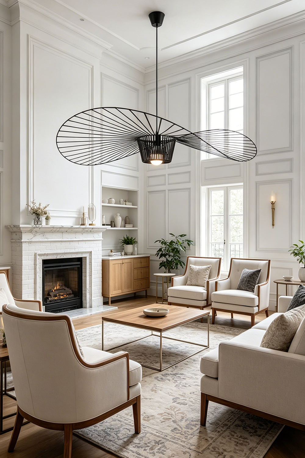Statement black hat-shaped chandelier | Metal | Polyurethane elastic cloth | Glass fiber | Interior scene view in a spacious bright living room | Samu Lamp