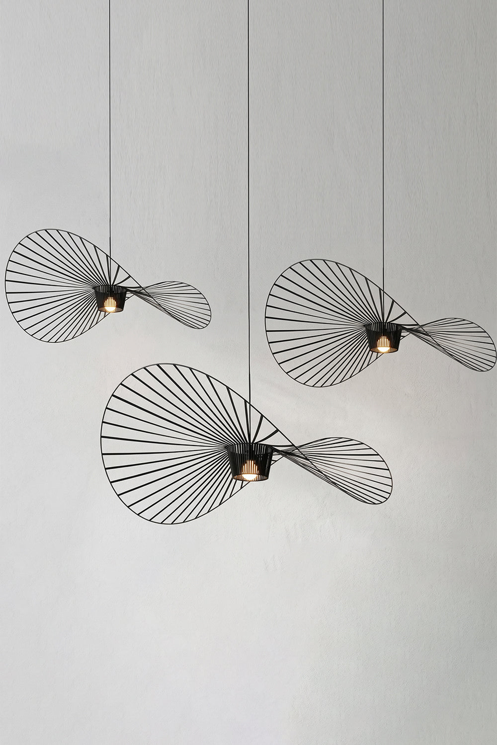 Three-lamp cluster of black hat pendants | Metal | Polyurethane elastic cloth | Glass fiber | Multi-light installation view against a clean wall | Samu Lamp