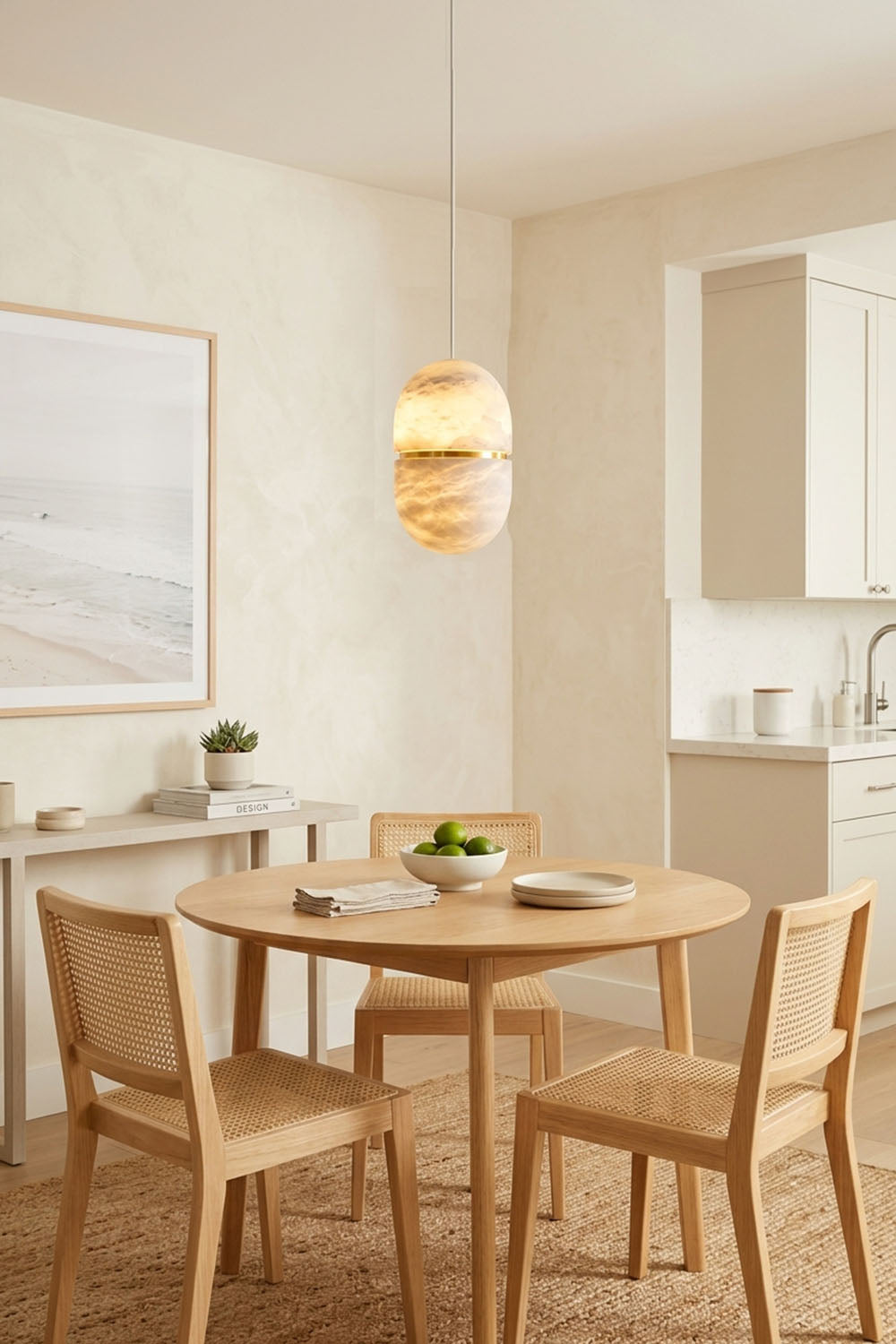 Isaline Banded Capsule Alabaster Pendant Light hanging above a round dining table in a minimalist interior.