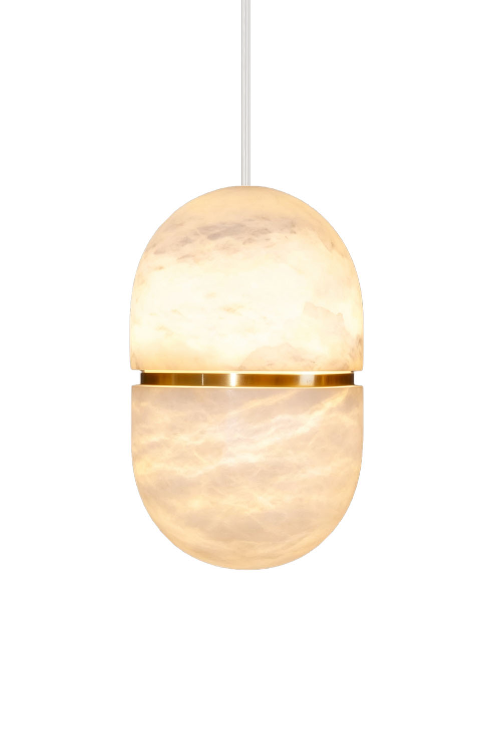 Isaline Banded Capsule Alabaster Pendant Light showcasing its elegant design and warm glow, ideal for artsy or minimalist interiors.
