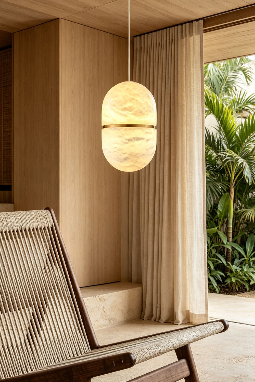 Isaline Banded Capsule Alabaster Pendant Light illuminating a stylish interior with minimalist decor.