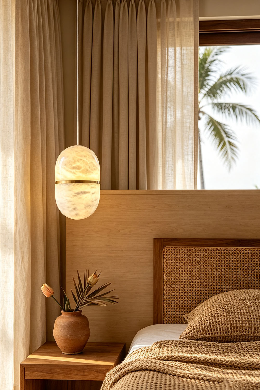 Isaline Banded Capsule Alabaster Pendant Light illuminating a cozy bedroom with soft curtains and wooden accents.
