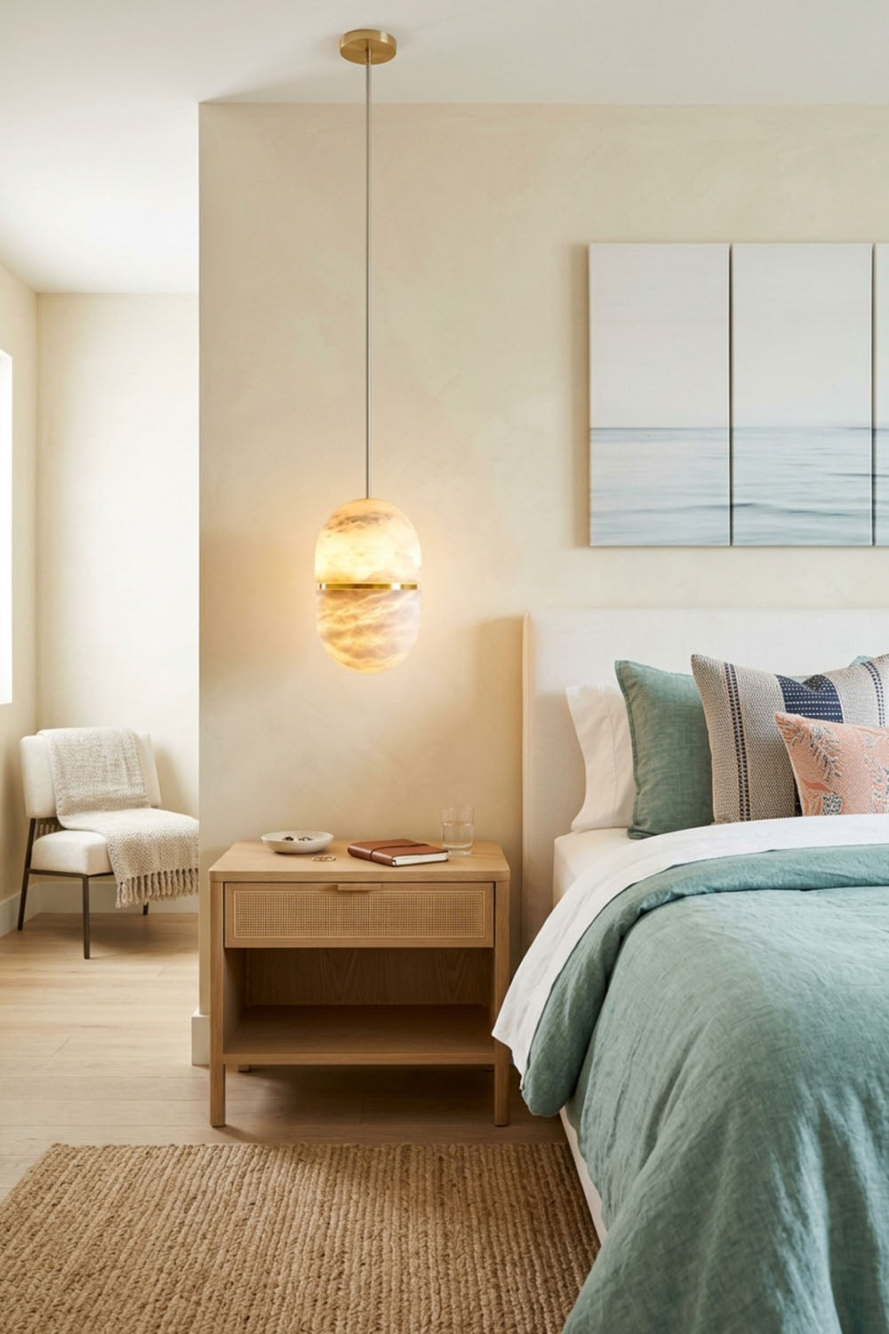 Isaline Banded Capsule Alabaster Pendant Light illuminating a modern bedroom with minimalist decor.