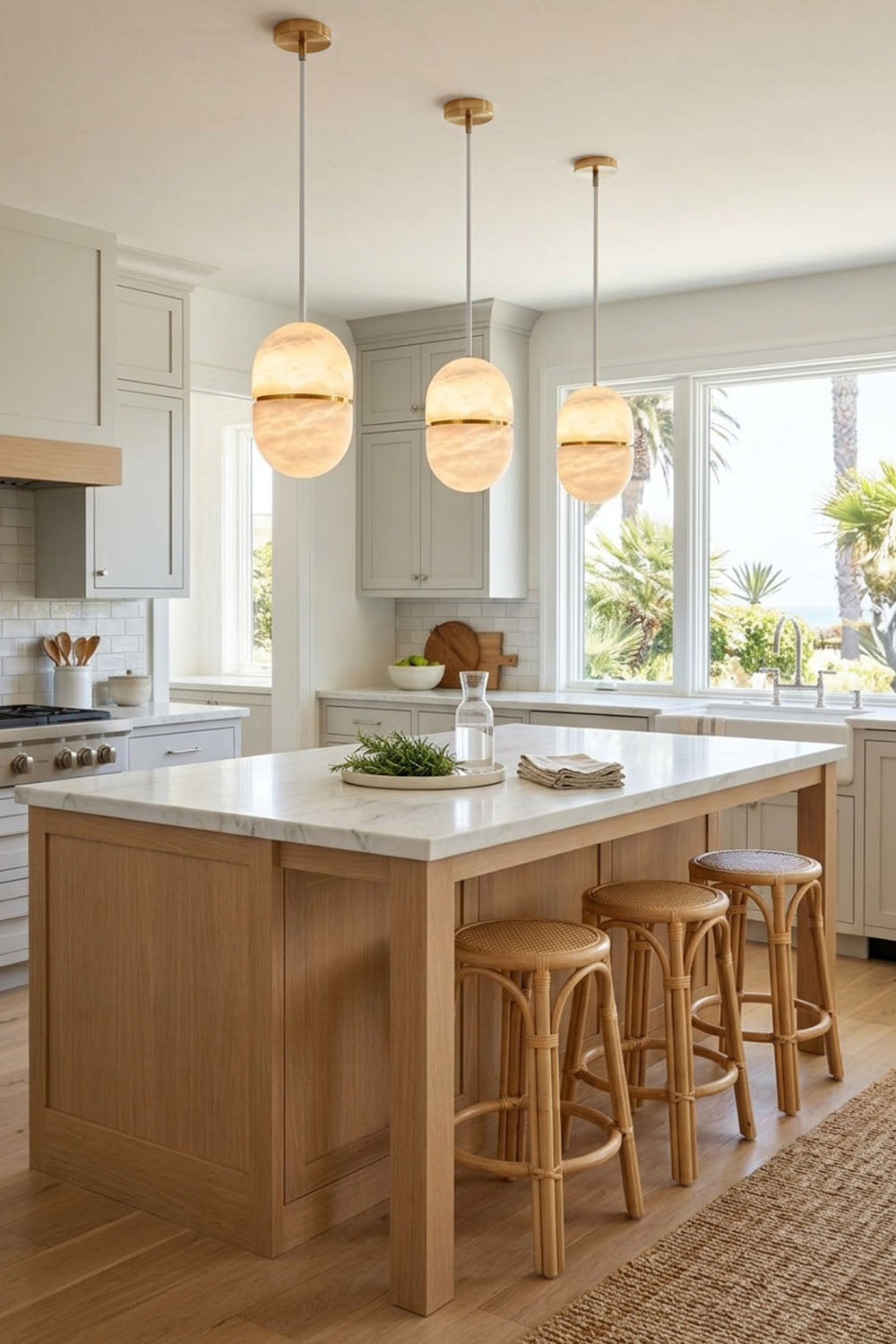 Isaline Banded Capsule Alabaster Pendant Light illuminating a modern kitchen with natural light.