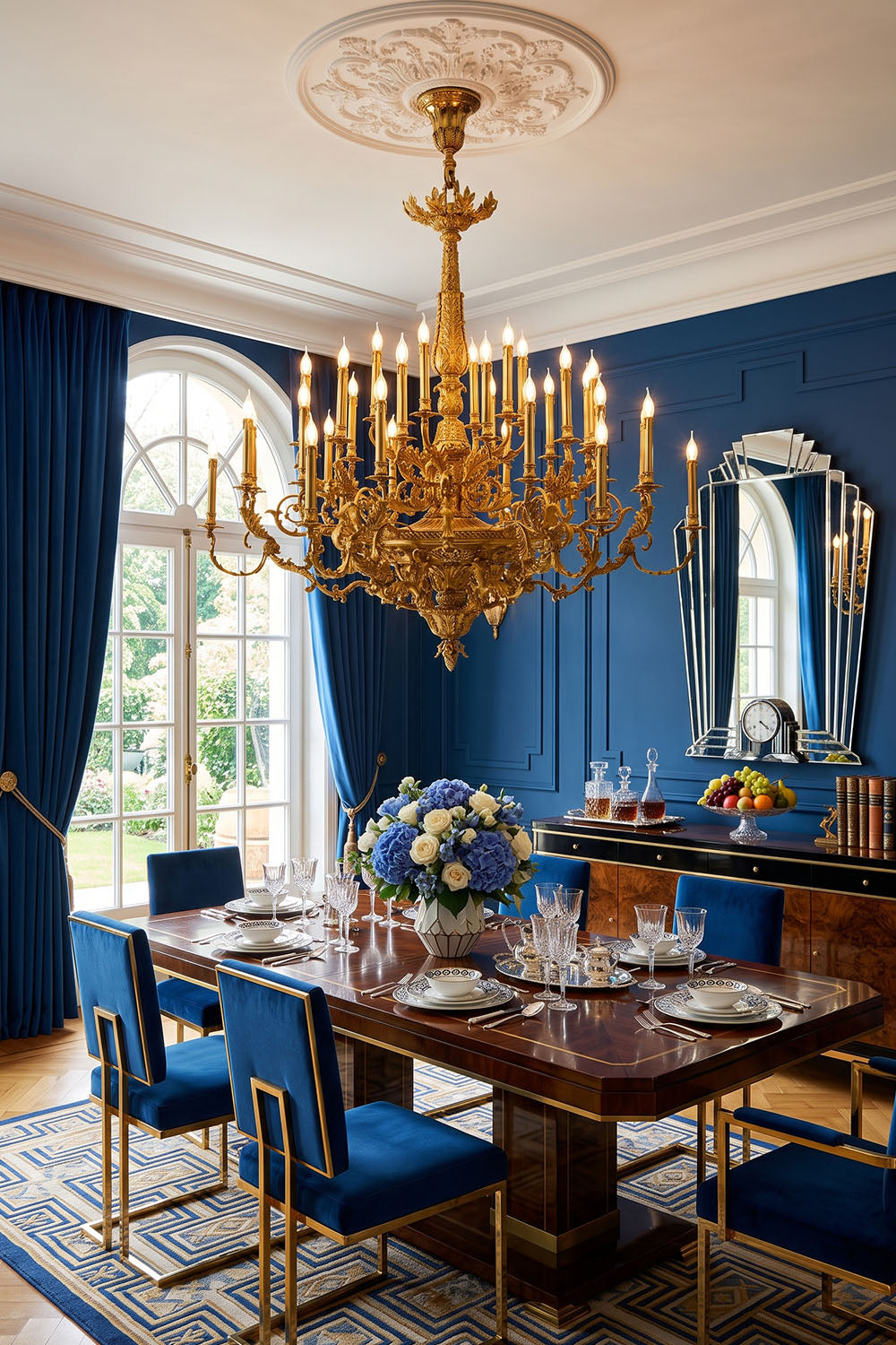 Percival Grand Brass Candelabra Chandelier illuminating a luxurious dining room with blue decor.
