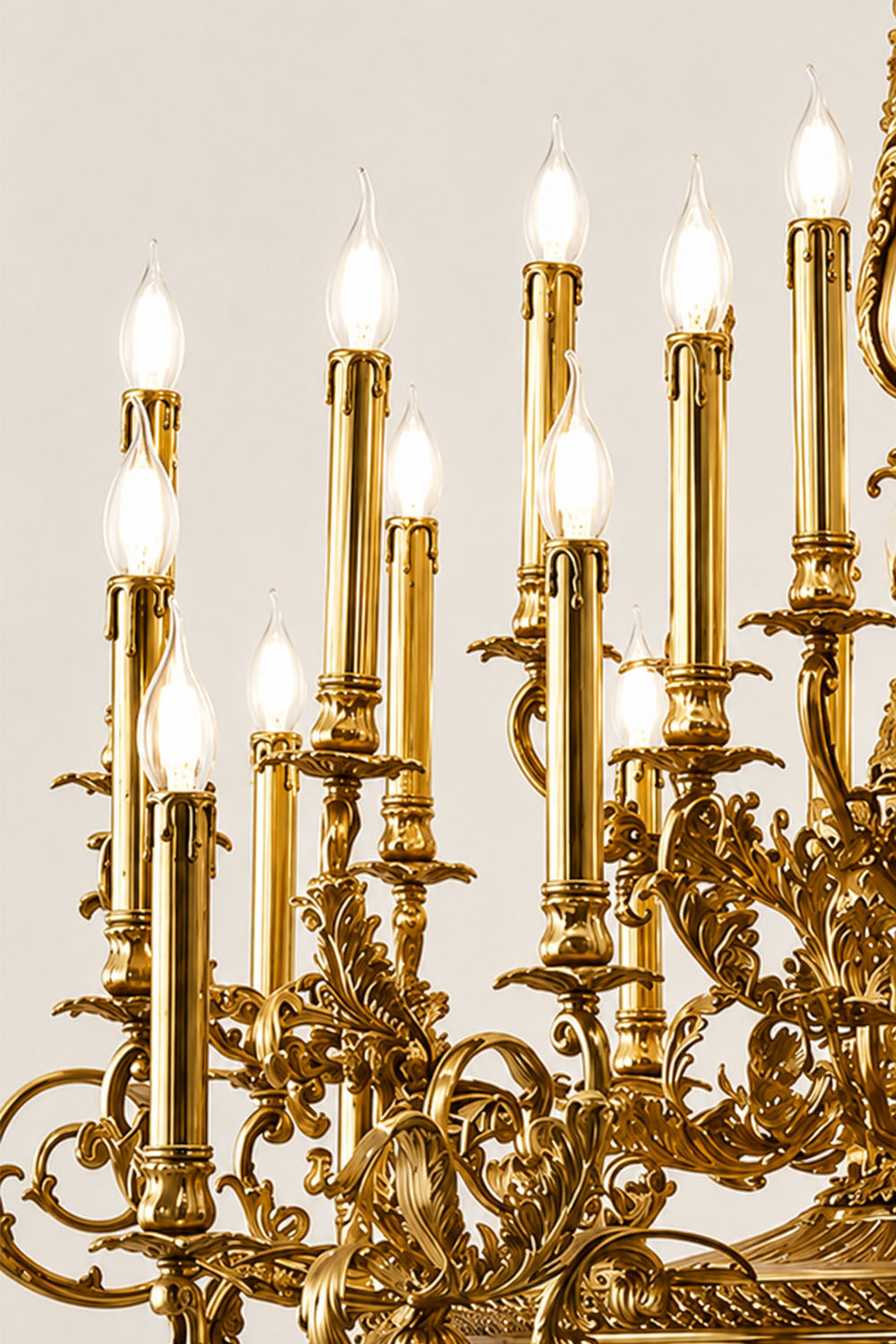 Detailed view of the Percival Grand Brass Candelabra Chandelier showcasing elegant candle holders and intricate design.