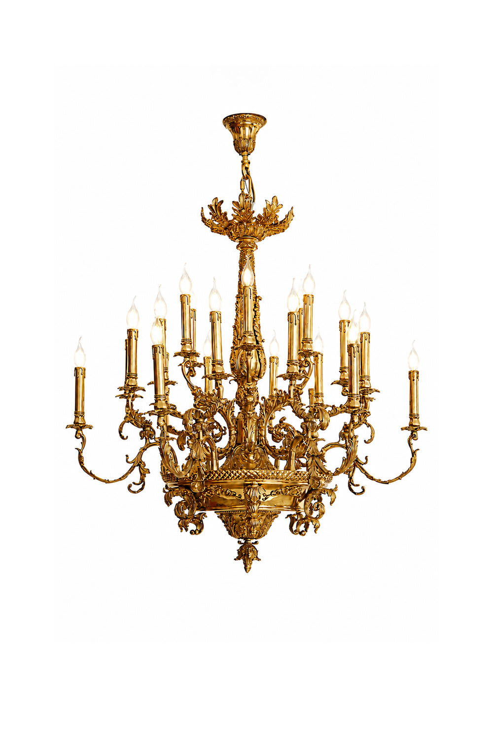 Percival Grand Brass Candelabra Chandelier featuring ornate details and multiple candle holders.