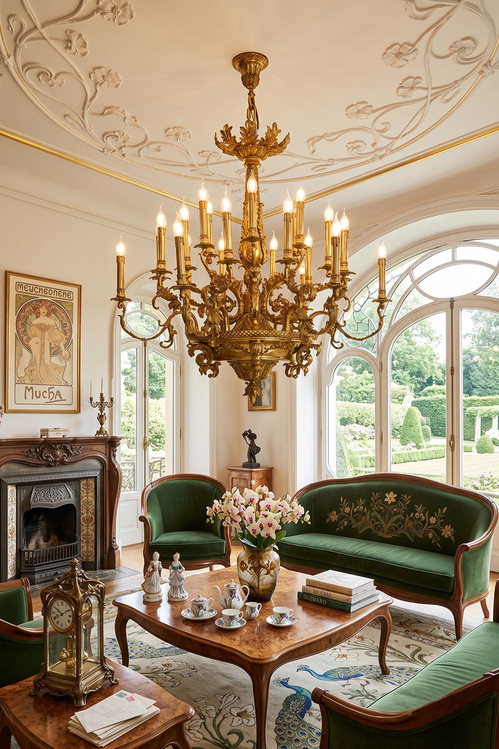 Percival Grand Brass Candelabra Chandelier hanging in an elegant living room with antique furniture.