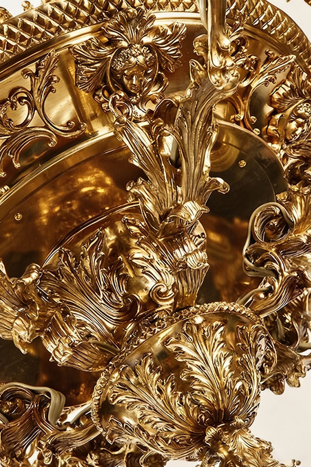 Close-up of the intricate details on the Percival Grand Brass Candelabra Chandelier, showcasing its ornate design.