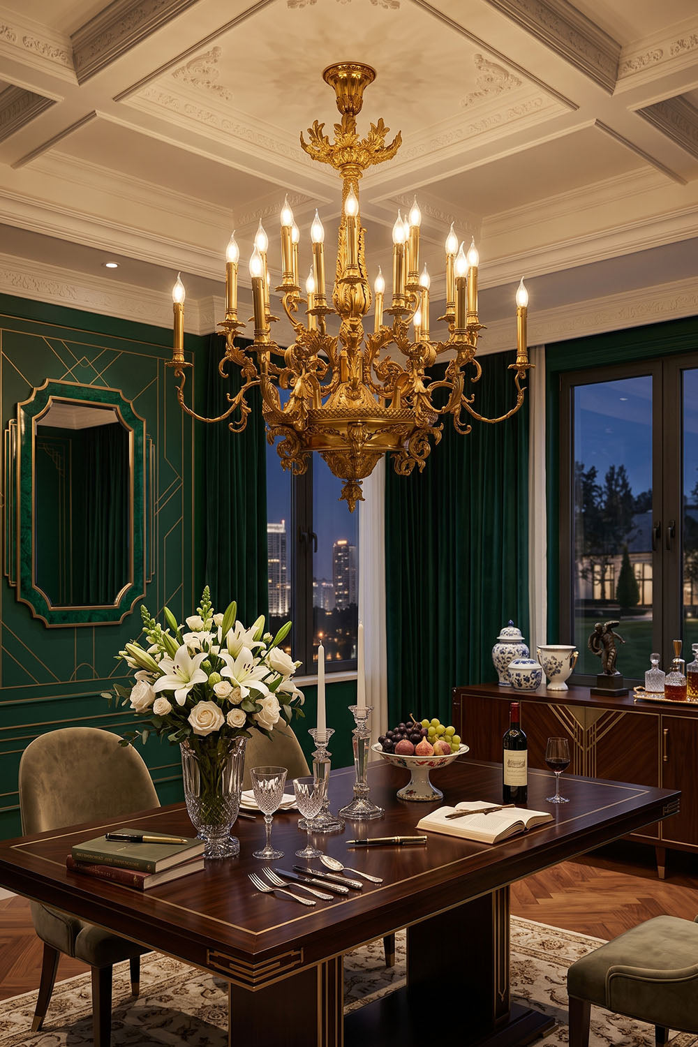 Percival Grand Brass Candelabra Chandelier illuminating a stylish dining room with elegant decor.