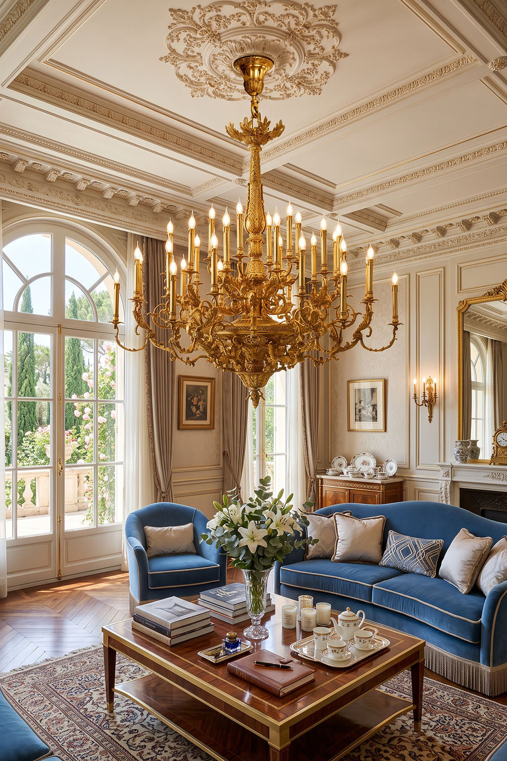 Percival Grand Brass Candelabra Chandelier illuminating an elegant living room with blue sofas and a coffee table.