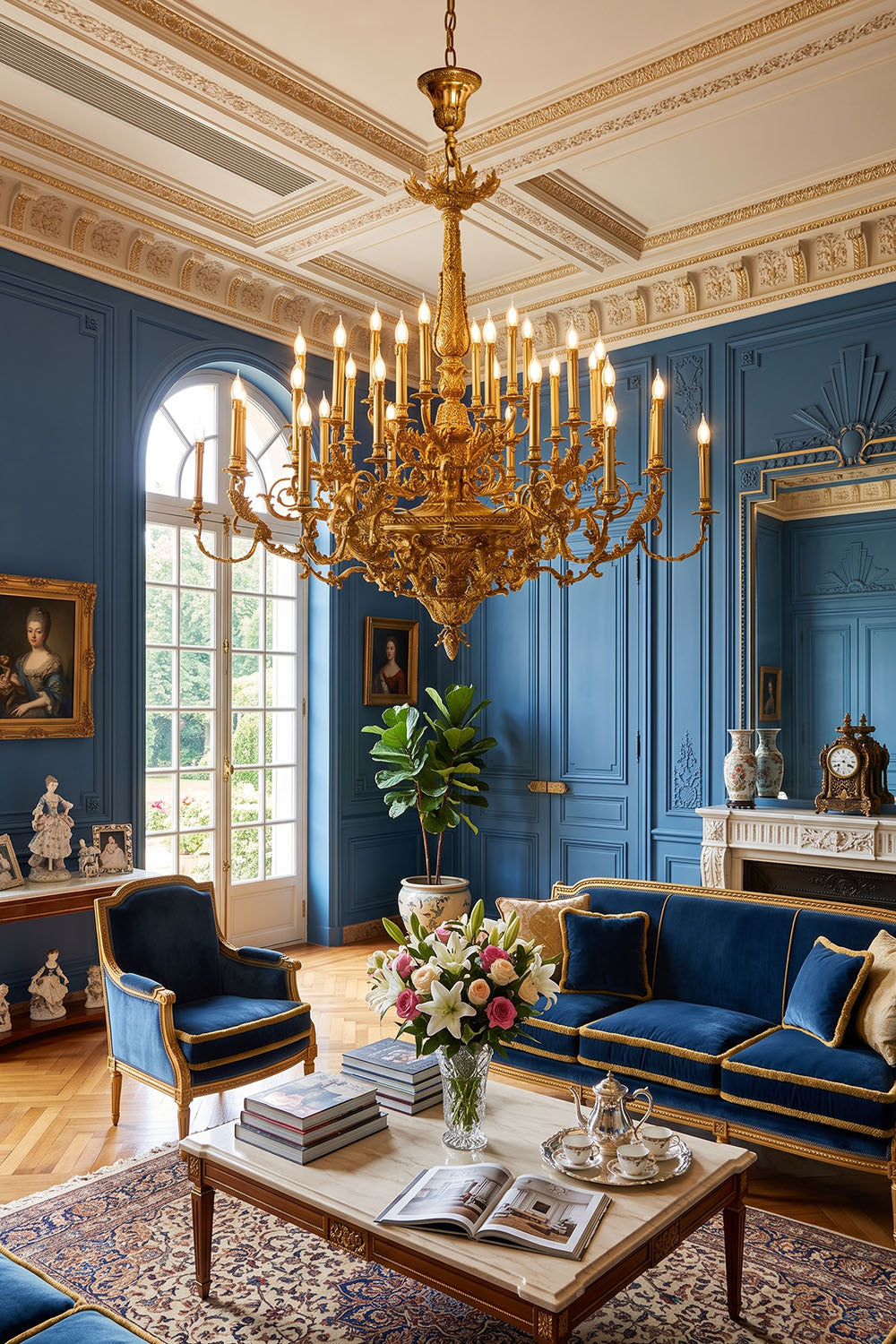 Percival Grand Brass Candelabra Chandelier illuminating an elegant room with blue walls and vintage furniture.