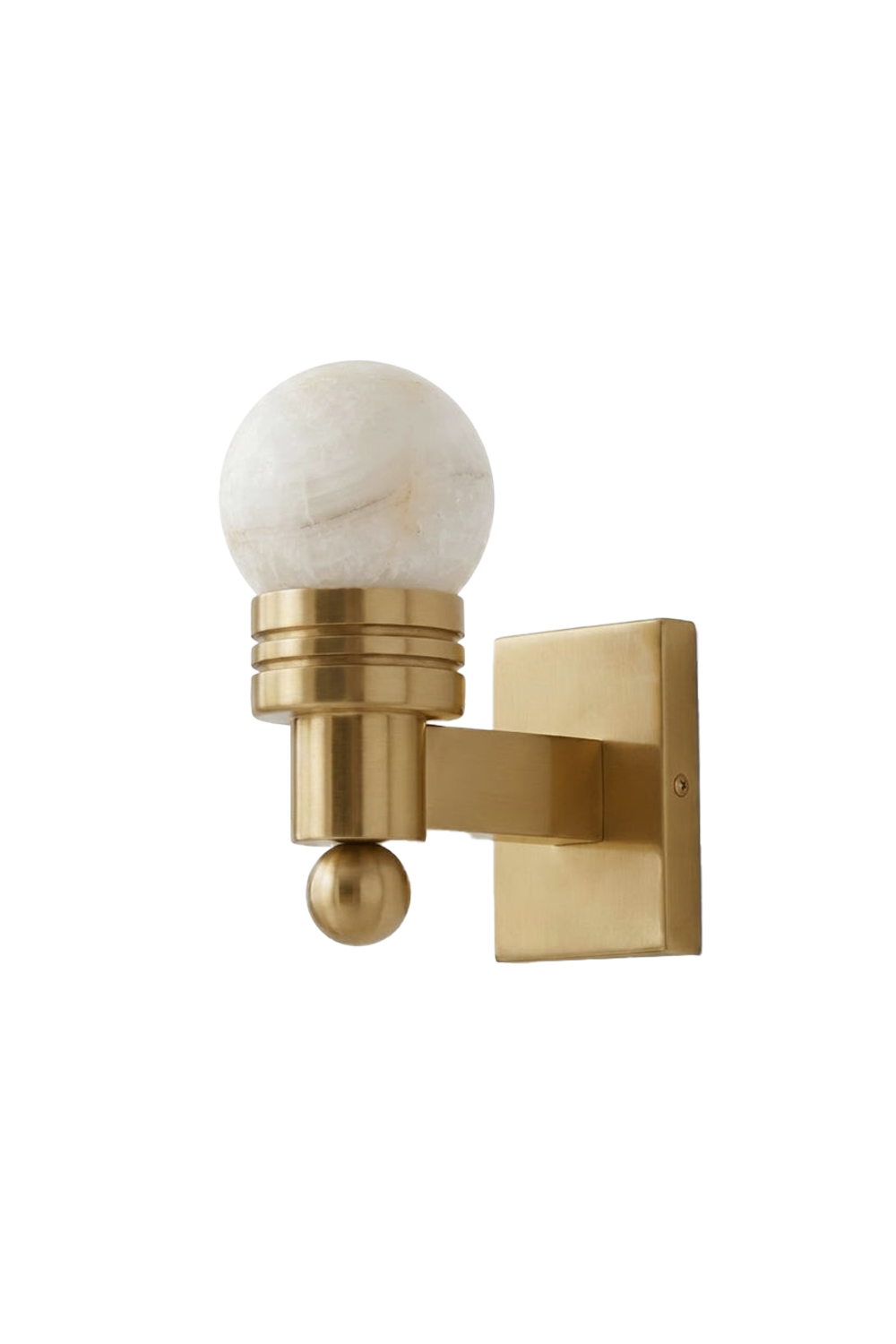Isolde Alabaster Orb Wall Sconce | Natural Alabaster and Aged Brass | Product studio shot on a white background showing the full fixture with a brass arm and stone sphere | Samu Lamp
