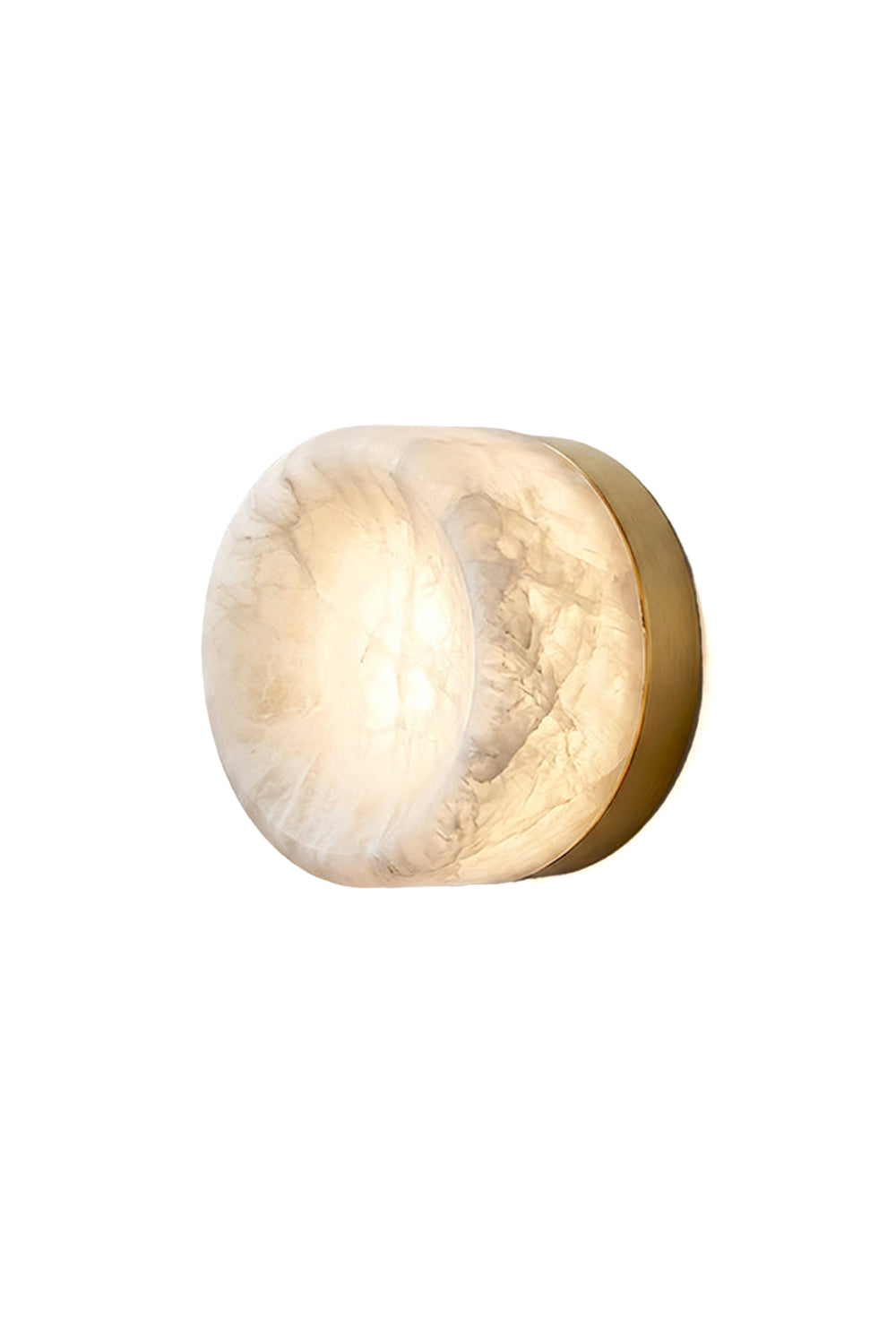 Isolde Concave Alabaster Disc Wall Sconce | Natural Alabaster and Brass | Glowing softly against a pure white background showcasing the carved concave stone shade | Samu Lamp