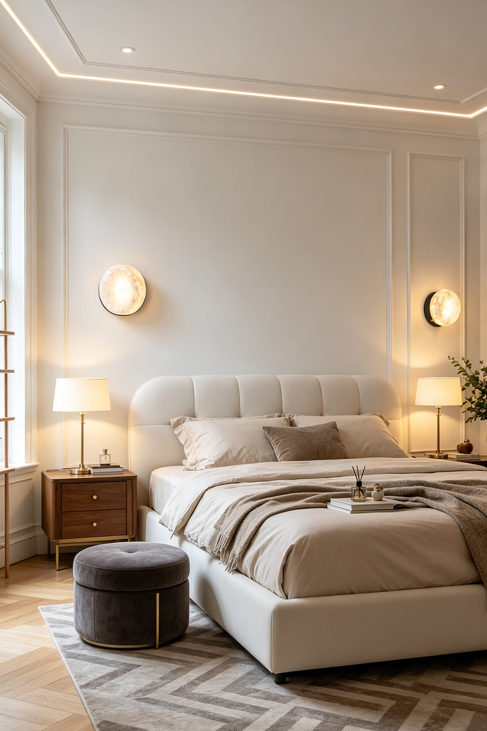 Isolde Concave Alabaster Disc Wall Sconce | Natural Alabaster and Brass | Installed above a bedside table in a cozy modern bedroom with warm neutral tones | Samu Lamp