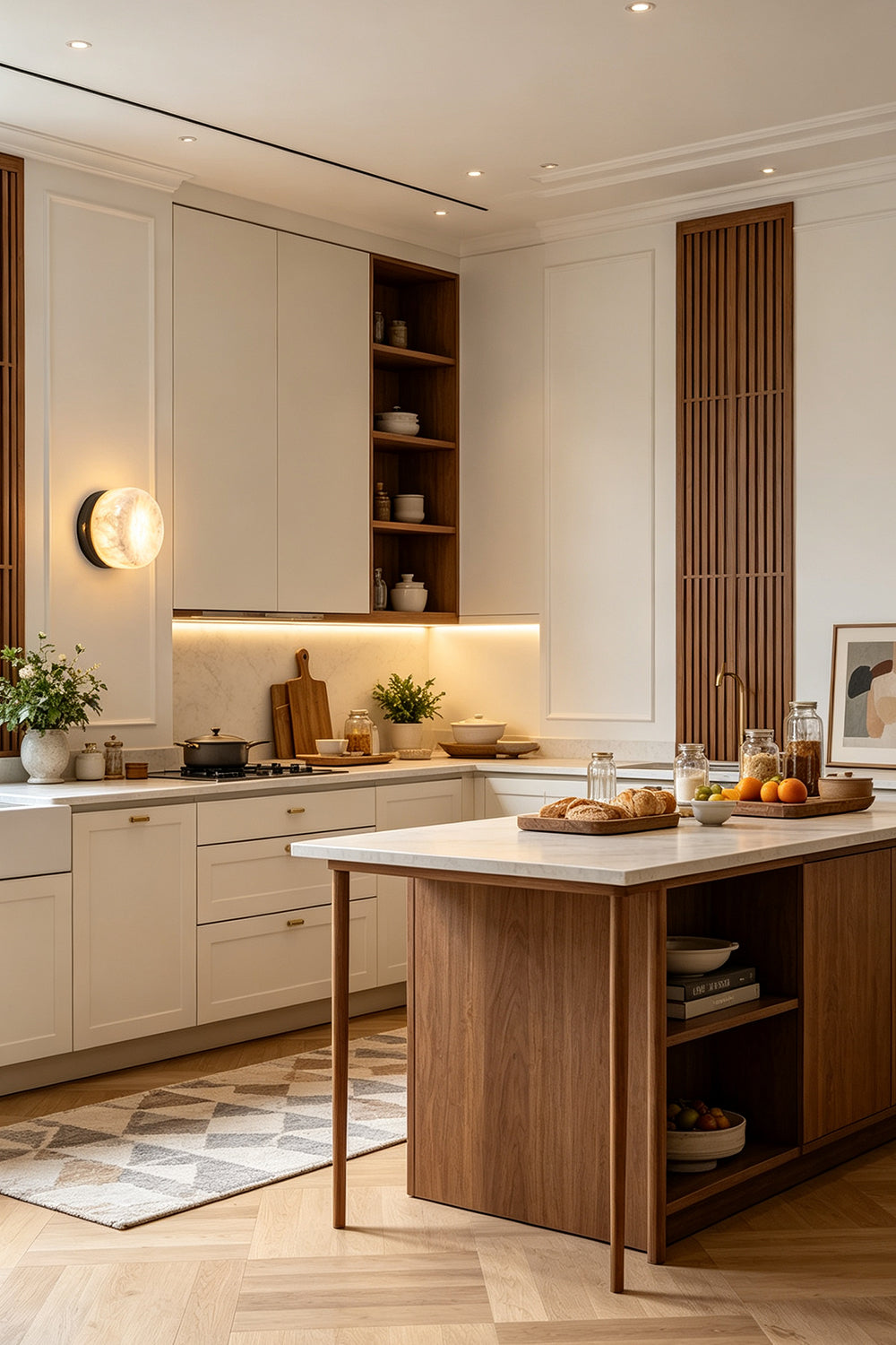 Isolde Concave Alabaster Disc Wall Sconce | Natural Alabaster and Brass | Illuminating a bright contemporary kitchen wall featuring a wooden island and cabinets | Samu Lamp