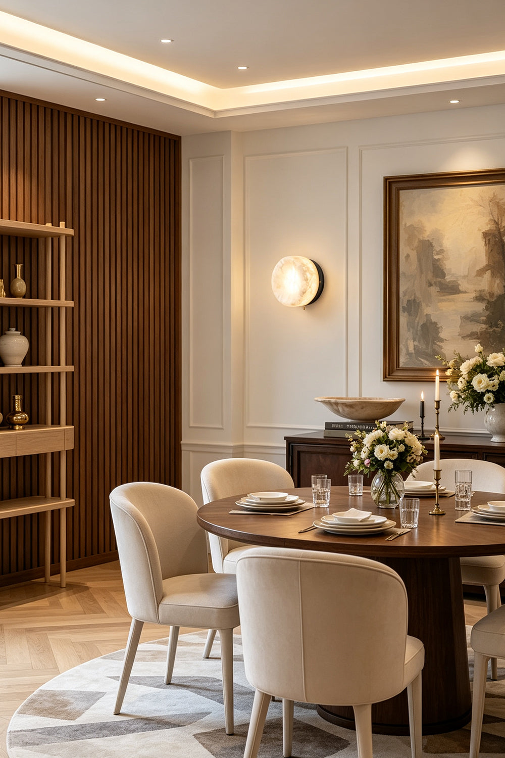 Isolde Concave Alabaster Disc Wall Sconce | Natural Alabaster and Brass | Mounted on a warm wood-paneled wall in an elegant dining room with a round table | Samu Lamp