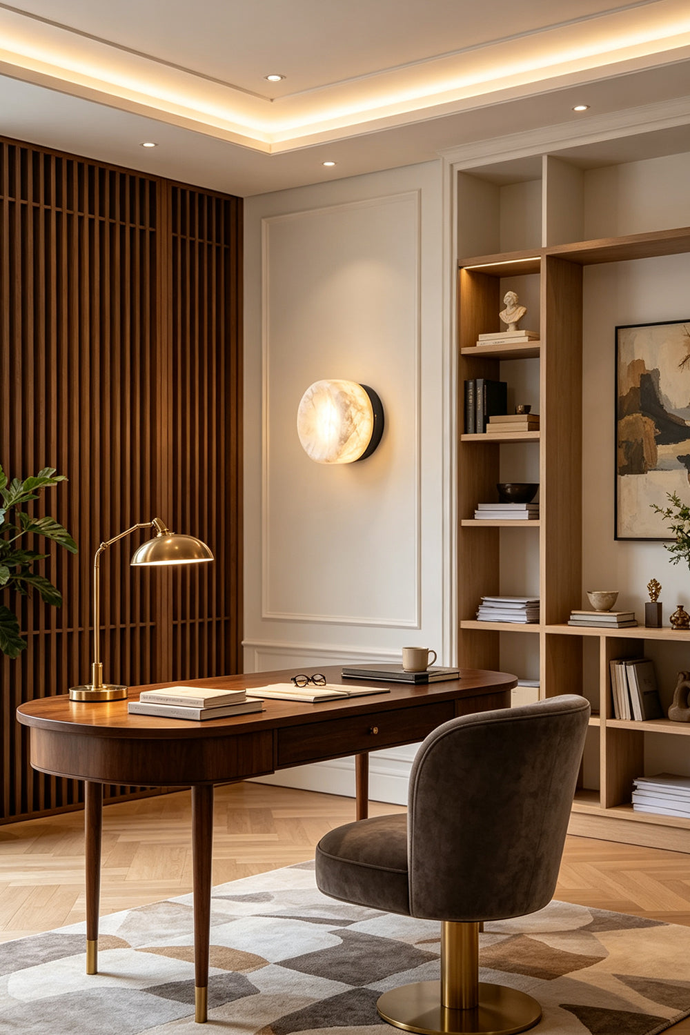 Isolde Concave Alabaster Disc Wall Sconce | Natural Alabaster and Brass | Adding elegant ambient lighting to a modern home office with a wooden desk and shelves | Samu Lamp