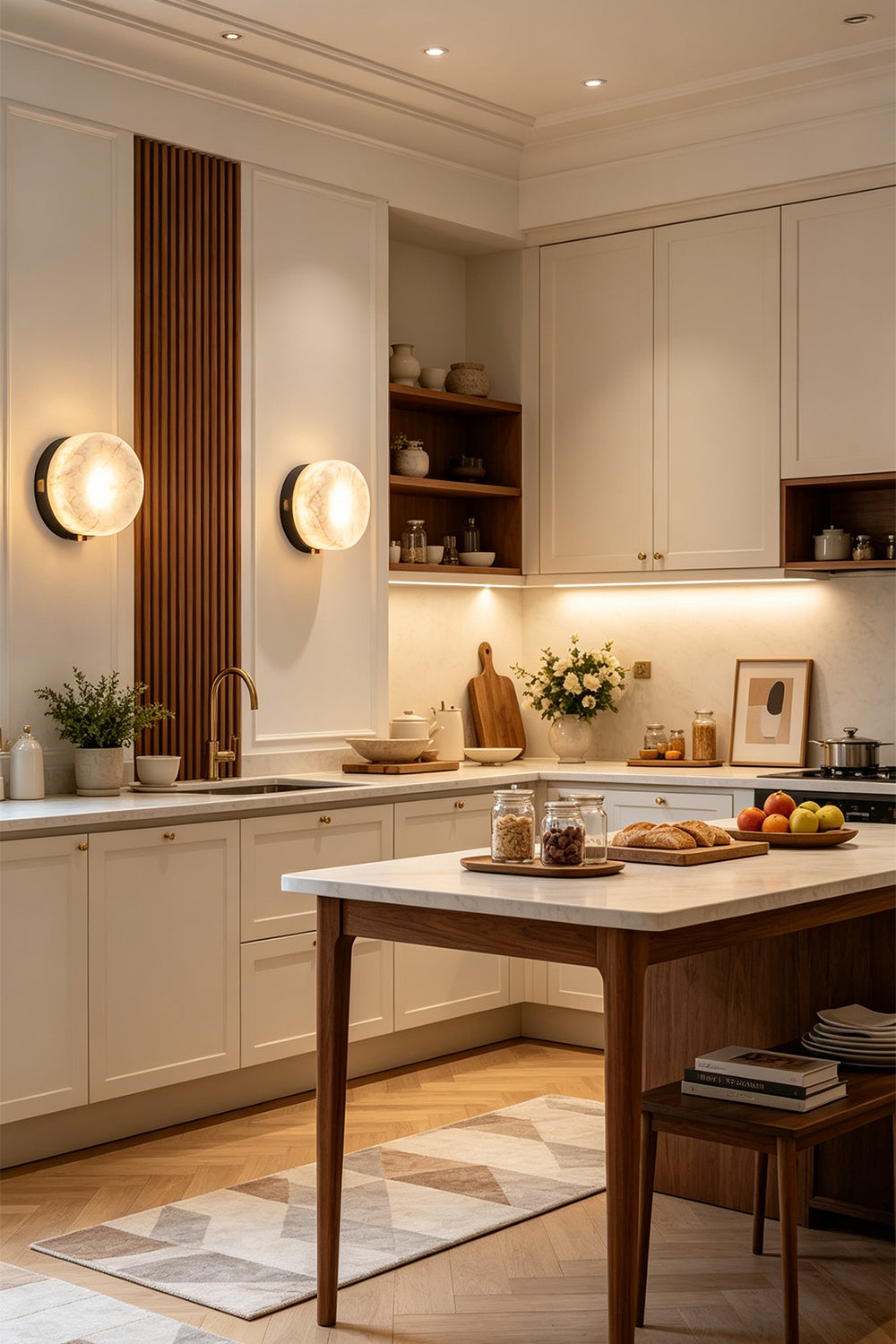 Isolde Concave Alabaster Disc Wall Sconce | Natural Alabaster and Brass | Styled on a wall in a spacious kitchen casting a soft warm glow over the counter area | Samu Lamp