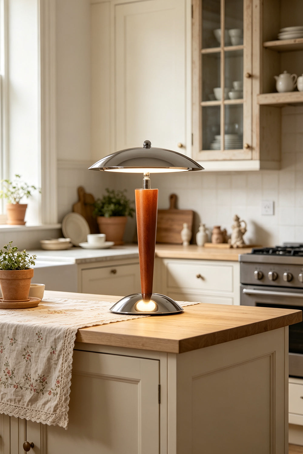 Isolde Domed Walnut Table Lamp | Kitchen Counter Lighting | Standing lit on a solid wood kitchen island countertop next to white cabinetry and a glass display cupboard | Samu Lamp