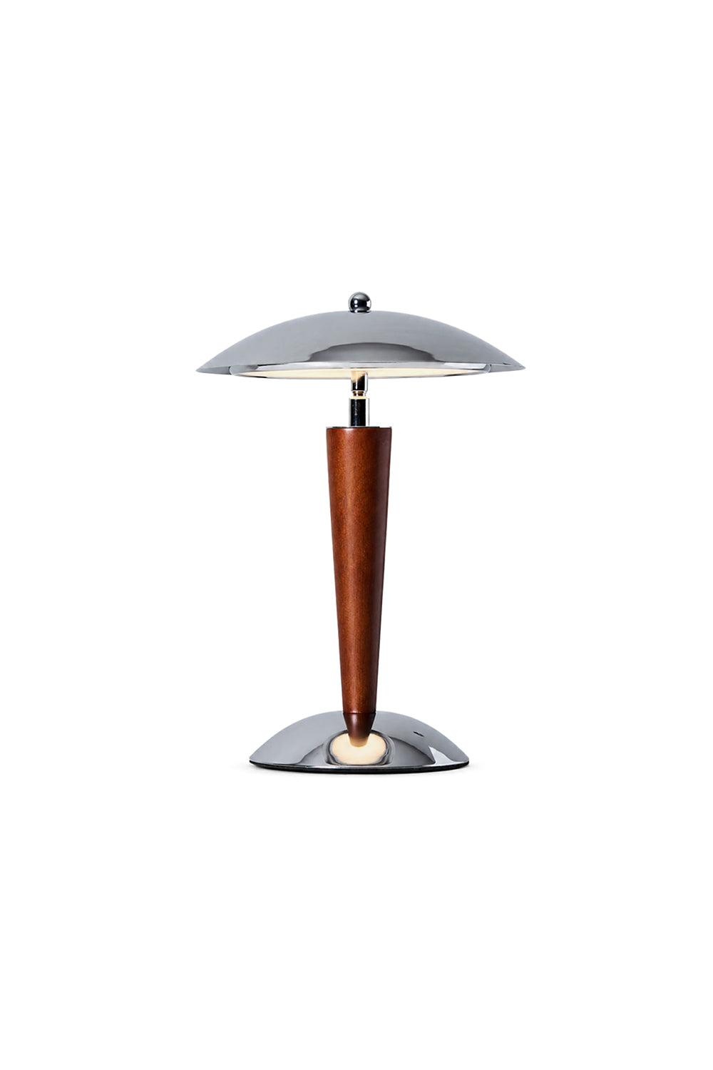 Isolde Domed Walnut Table Lamp | Walnut Wood, Chrome | Isolated unlit view of a modern mid-century mushroom-shaped table lamp featuring a polished chrome dome shade, tapered walnut wood stem, and a round metallic base | White background | Samu Lamp