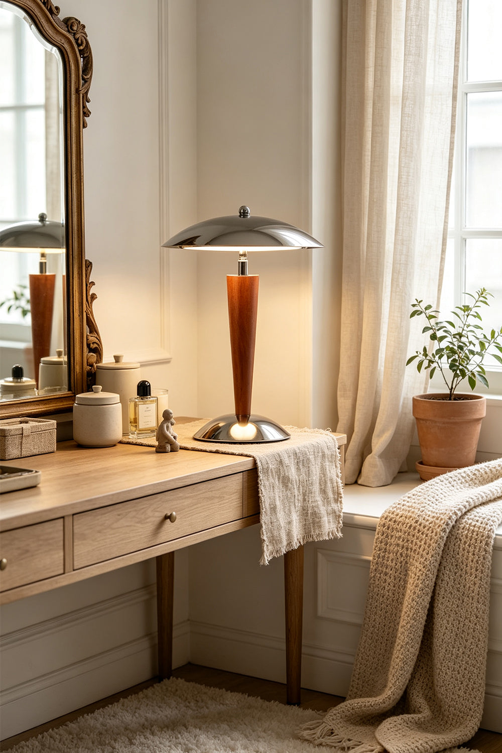 Isolde Domed Walnut Table Lamp | Vanity Desk Decor | Standing illuminated as a stylish accent light on a wooden dressing table next to a classic carved mirror in a sunlit room | Samu Lamp