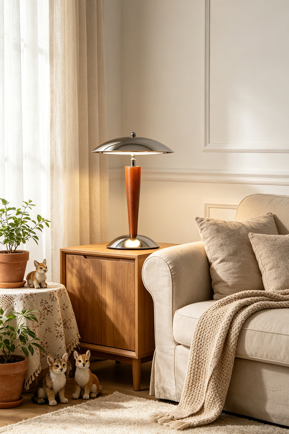 Isolde Domed Walnut Table Lamp | Living Room Light | Providing a warm cozy ambient glow on a wooden side table next to a cream fabric sofa and indoor house plants | Samu Lamp