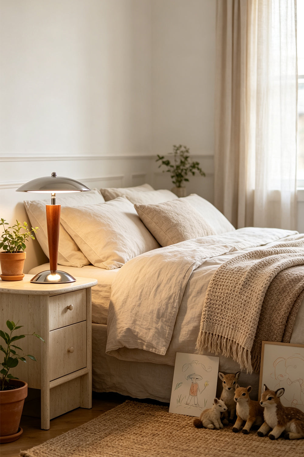 Isolde Domed Walnut Table Lamp | Bedside Reading Lamp | Staged gracefully on a white nightstand casting a warm downward glow next to a bed with cozy wrinkled linens | Samu Lamp