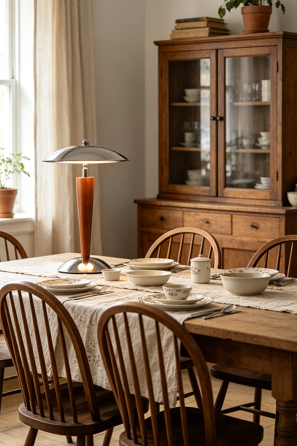 Isolde Domed Walnut Table Lamp | Dining Table Centerpiece | Positioned as a charming illuminated centerpiece on a long rustic wooden dining table with high-back wooden chairs | Samu Lamp