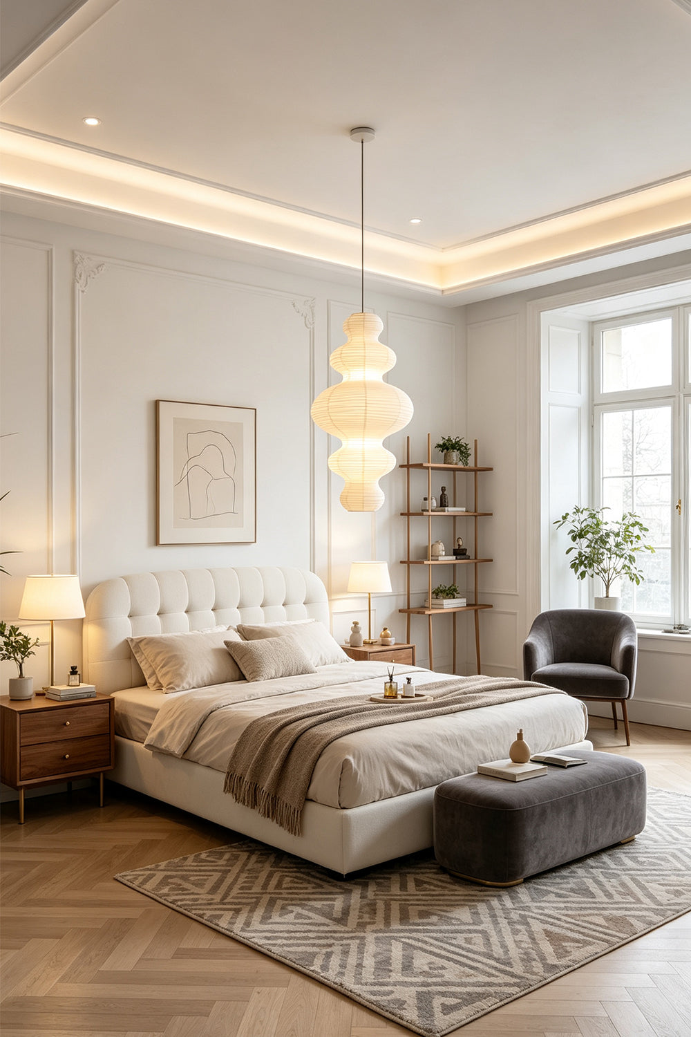 Isolde Stacked Paper Pendant Lamp | Textured Ribbed Paper | Hanging gracefully above a cozy bed in a modern bedroom with warm ambient lighting | Samu Lamp
