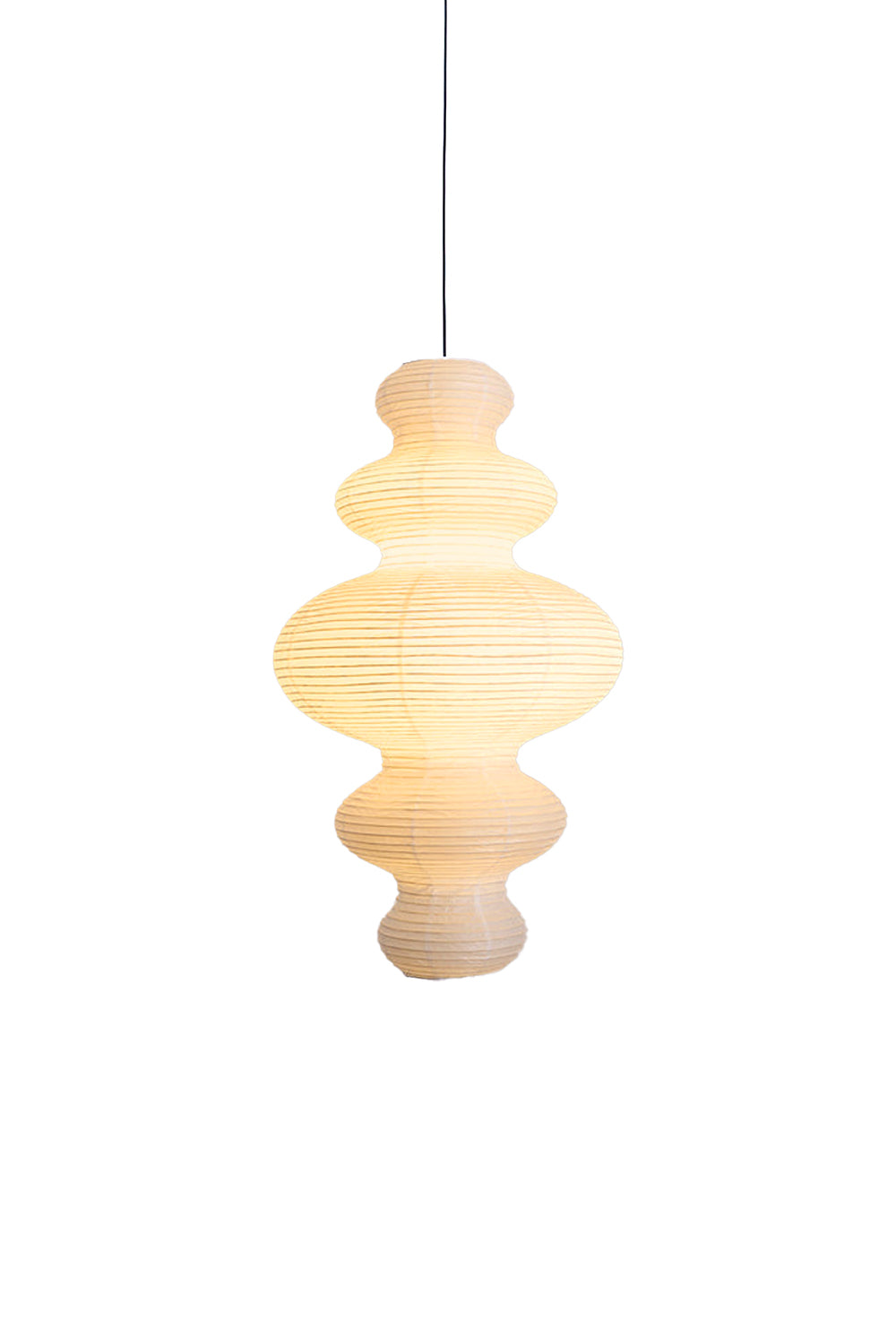 Isolde Stacked Paper Pendant Lamp | Textured Ribbed Paper | Glowing softly against a clean white background showcasing its unique sculpted silhouette | Samu Lamp