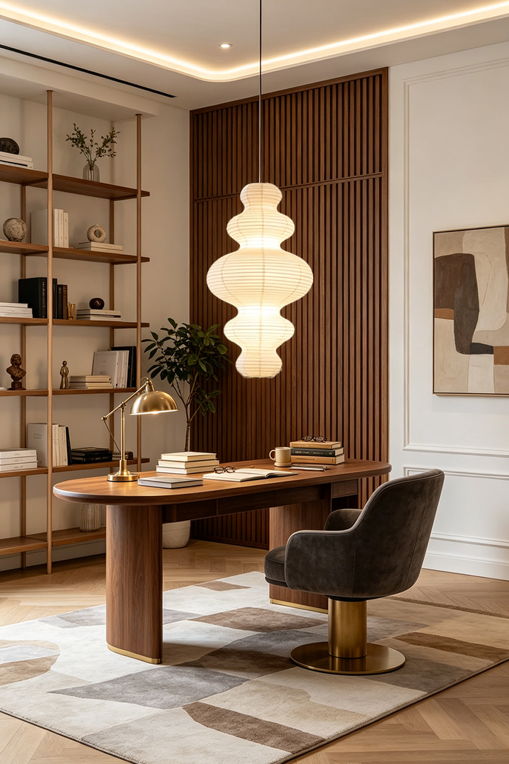 Isolde Stacked Paper Pendant Lamp | Textured Ribbed Paper | Hanging over a sleek wooden desk in a contemporary home office with bookshelves | Samu Lamp