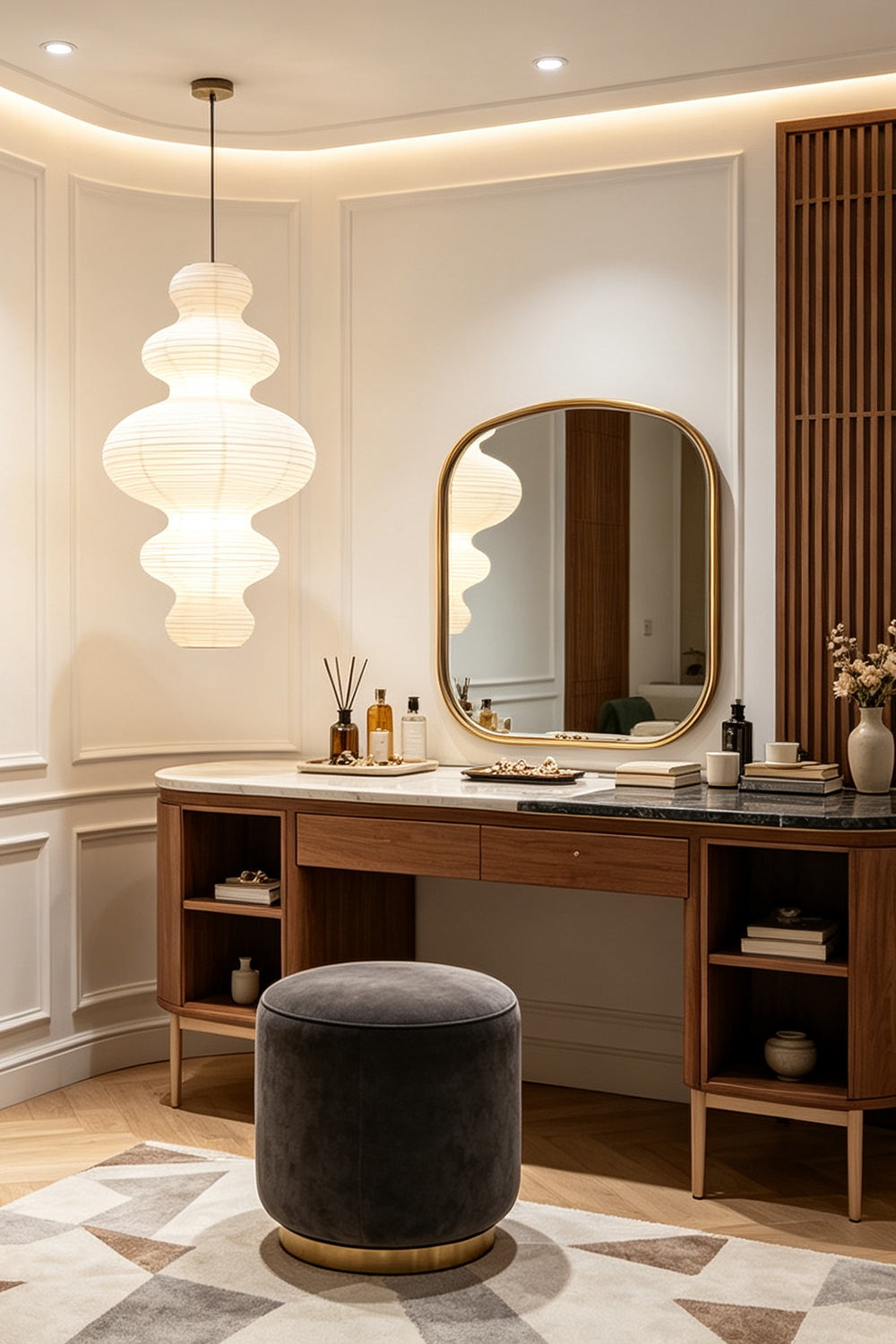 Isolde Stacked Paper Pendant Lamp | Textured Ribbed Paper | Illuminating a stylish wooden makeup vanity table with a round mirror and dark stool | Samu Lamp
