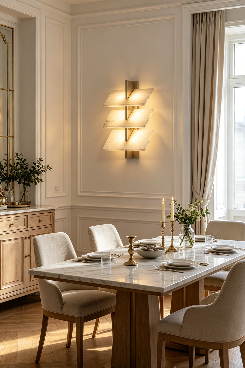 Isolde Tiered Alabaster Slab Wall Sconce illuminating a dining room with elegant decor and a marble table.