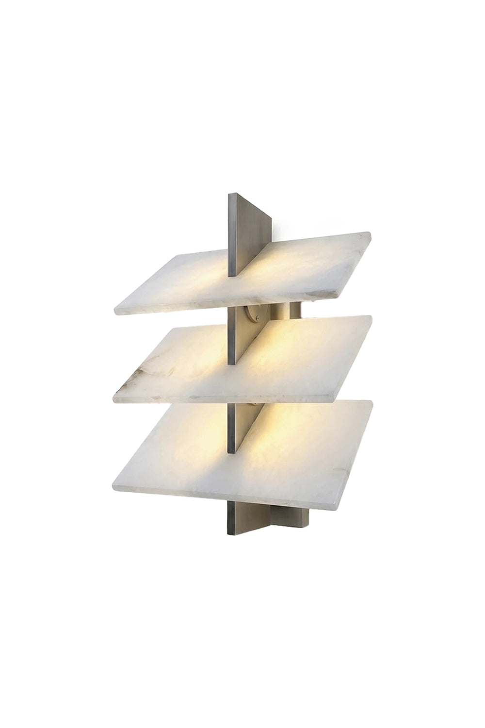 Isolde Tiered Alabaster Slab Wall Sconce featuring three stacked alabaster layers in a brushed nickel frame.