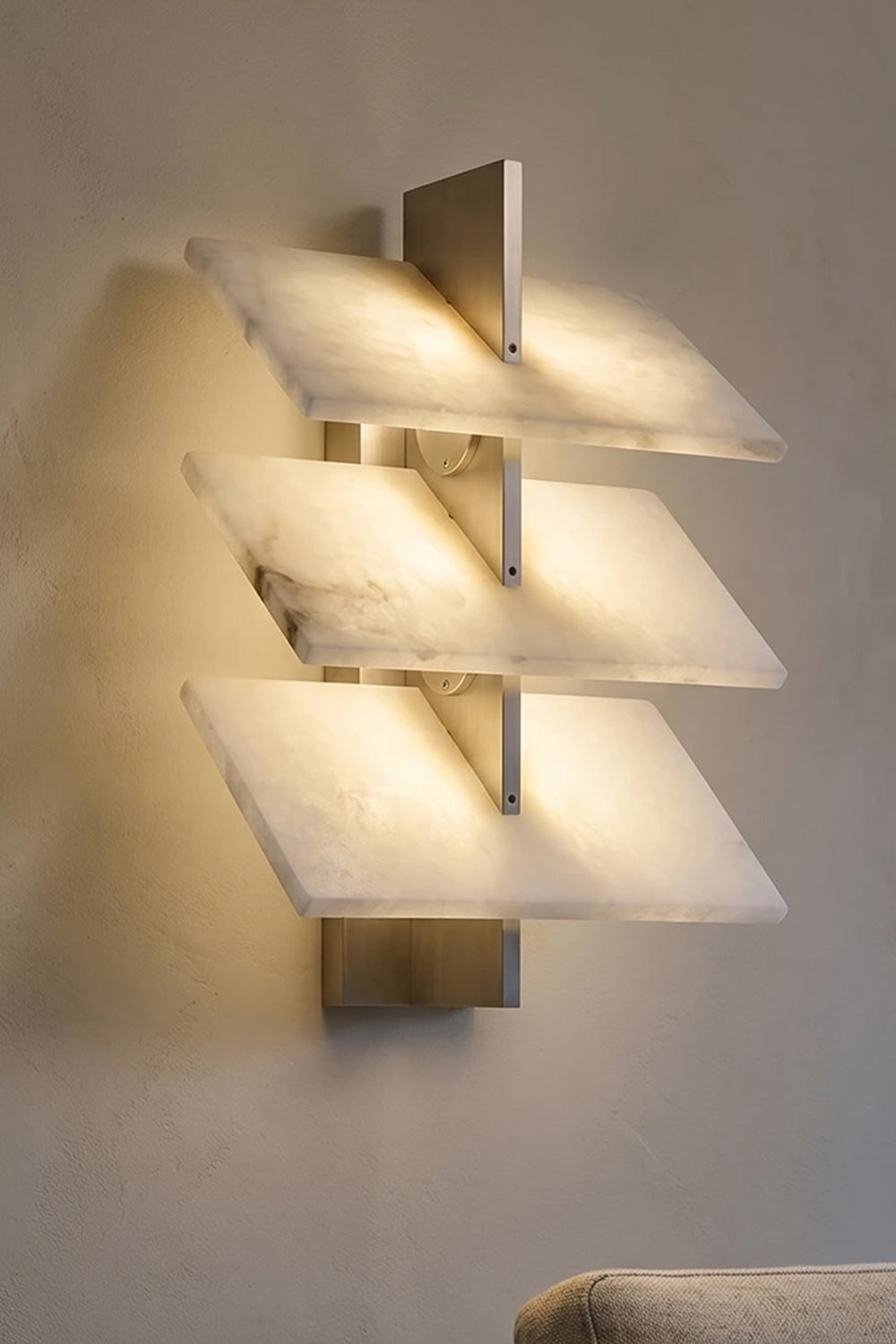 Isolde Tiered Alabaster Slab Wall Sconce with three stacked alabaster layers in brushed nickel frame.
