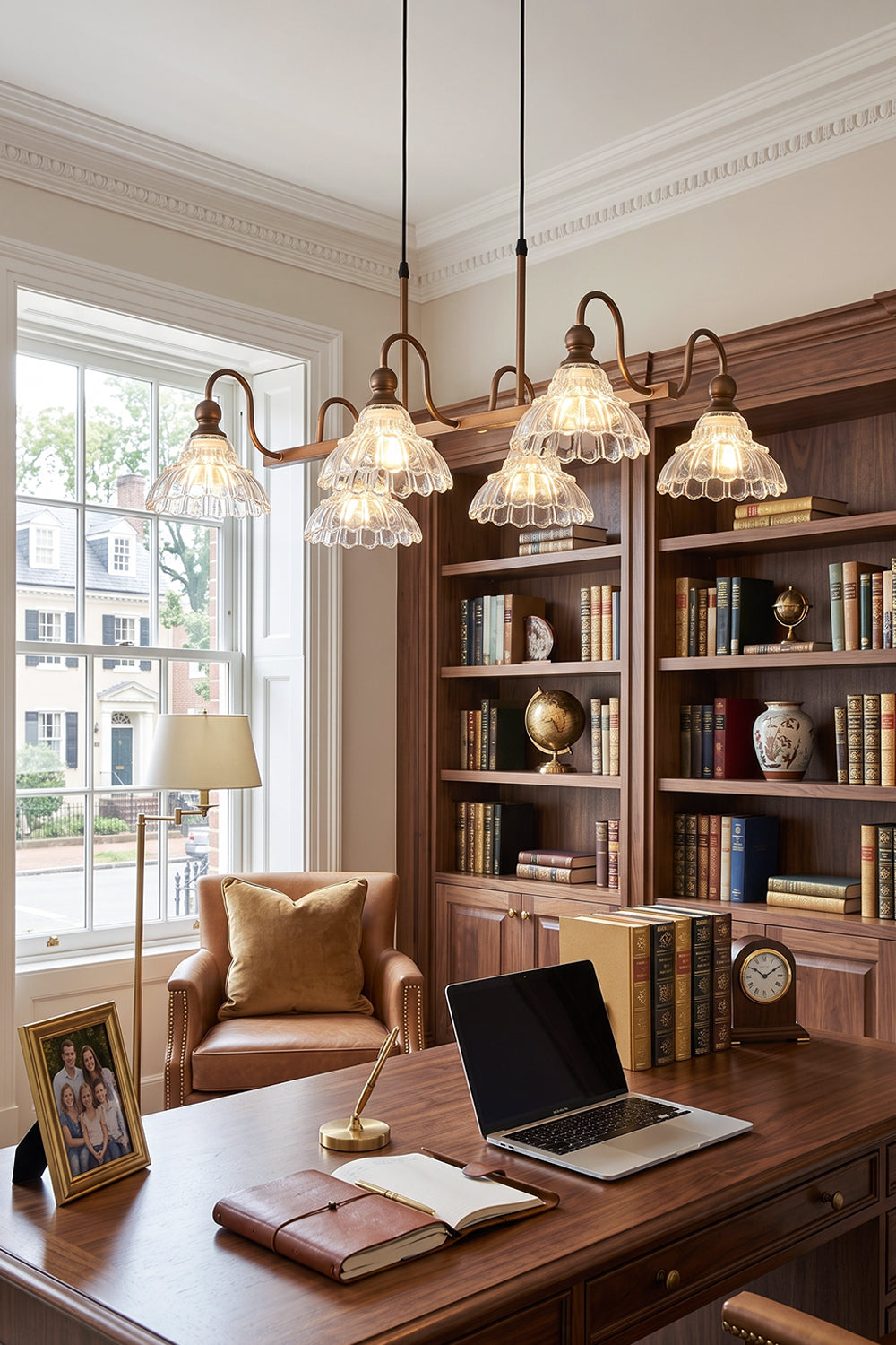 Isolde Vintage Glass Long Chandelier | Home Office Lighting | Suspended gracefully as a statement ceiling lamp in a refined traditional study room above a dark wood executive writing desk | Samu Lamp