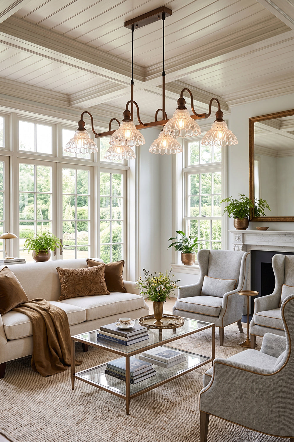 Isolde Vintage Glass Long Chandelier | Kitchen Island Lighting | Hanging as a timeless centerpiece over a modern white kitchen island breakfast bar paired with elegant counter stools | Samu Lamp