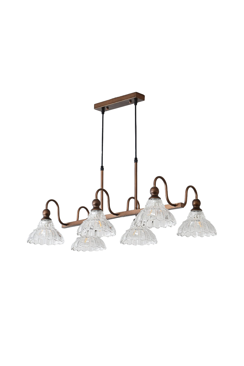 Isolde Vintage Glass Long Chandelier | Textured Glass, Bronze | Isolated lit view of a traditional vintage-style multi-light linear island chandelier featuring ruffled scalloped clear glass shades on an elegant dark bronze linear frame with curved arms | White background | Samu Lamp