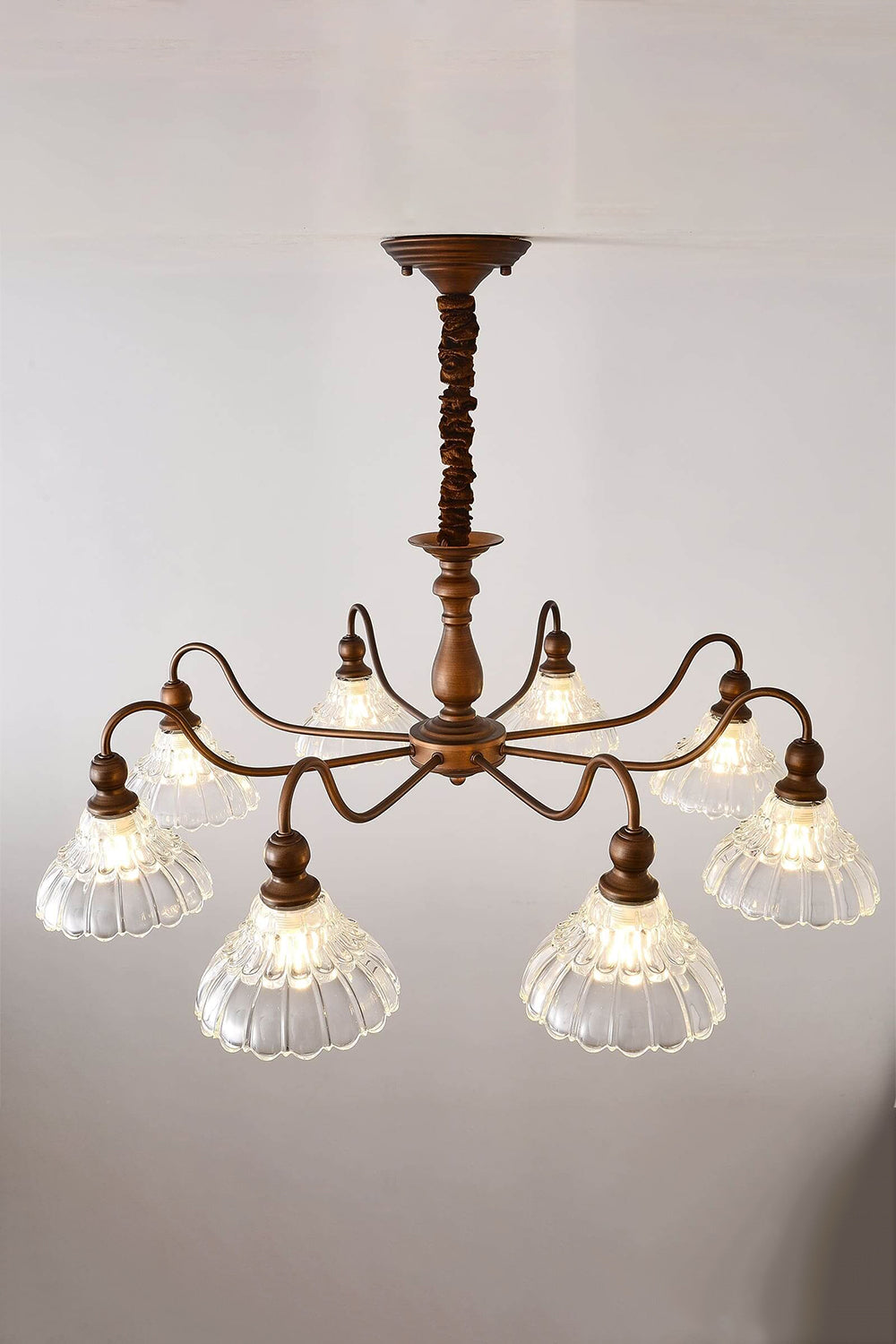 Isolde Vintage Scalloped Glass Chandelier | Studio Lit View | Fully illuminated multi-light vintage ceiling pendant lamp casting a bright ambient glow against a clean backdrop | Samu Lamp