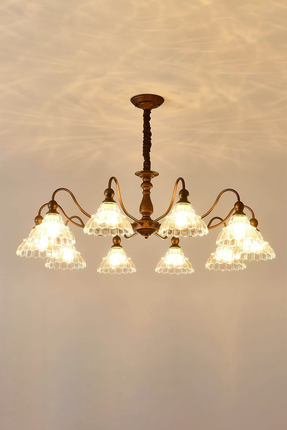 Isolde Vintage Scalloped Glass Chandelier | Traditional Ceiling Lamp | Another fully lit studio view of the vintage bronze and glass multi-light chandelier radiating a cozy halo | Samu Lamp