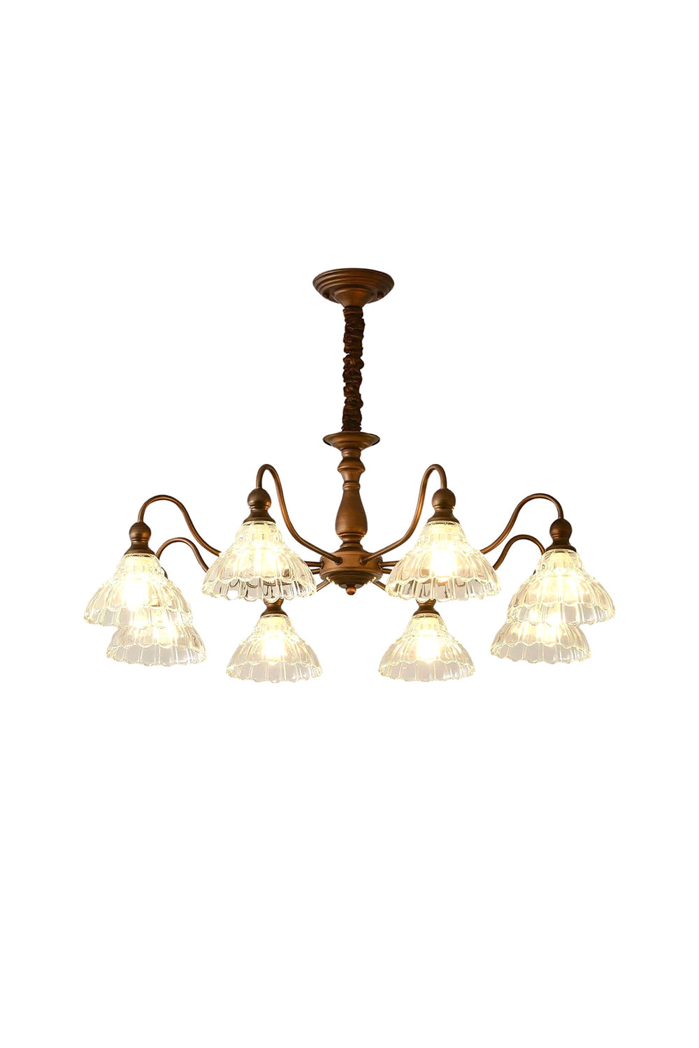 Isolde Vintage Scalloped Glass Chandelier | Textured Glass, Bronze | Isolated lit view of a traditional vintage-style multi-light chandelier featuring ruffled scalloped clear glass shades on an elegant dark bronze curved frame | White background | Samu Lamp