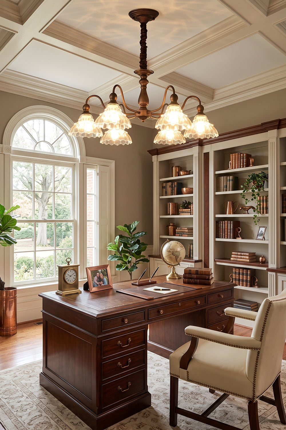 Isolde Vintage Scalloped Glass Chandelier | Home Office Light | Mounted gracefully as a statement ceiling lamp in a traditional wood-paneled study room above a large executive writing desk | Samu Lamp